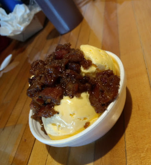 close-up of brownie and ice cream in bowl